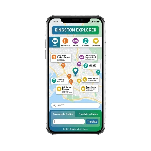 YardDove app showing Kingston Explorer map with restaurants, hotels, beaches, attractions, and Patois translation