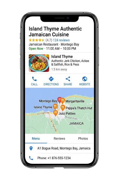 YardDove business listing on phone β Island Thyme restaurant in Montego Bay with map, reviews, and contact options