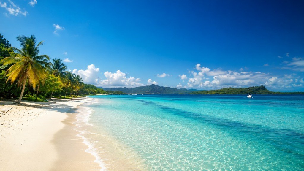 Tropical beach with palm trees and turquoise water in Jamaica