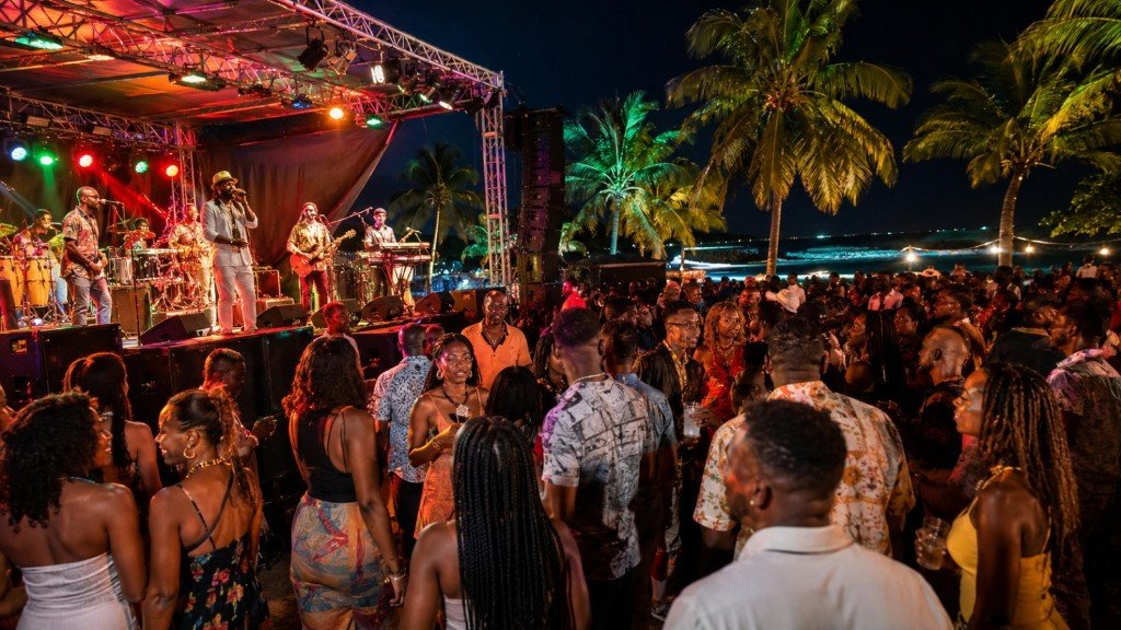 Live reggae concert with crowd at night in Jamaica