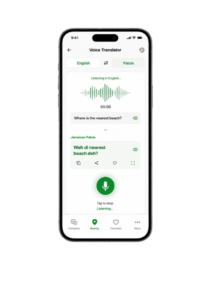 YardDove Voice Translator app β speak English or Patois with live voice translation